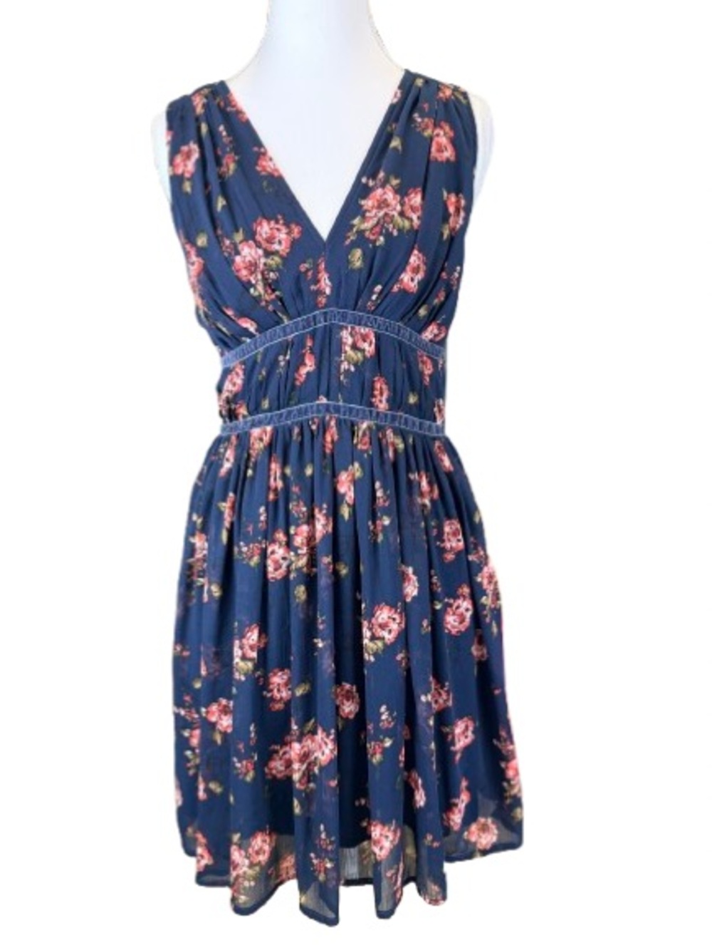 Abercrombie & Fitch Floral Chiffon Dress Blue Sleeveless V Neck Open Back S Boho